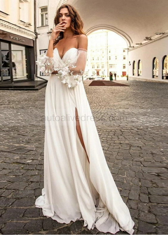 Puff Sleeve Ivory Chiffon Side Slit Wedding Dress Puff Sleeve Ivory Chiffon Side Slit Wedding Dress